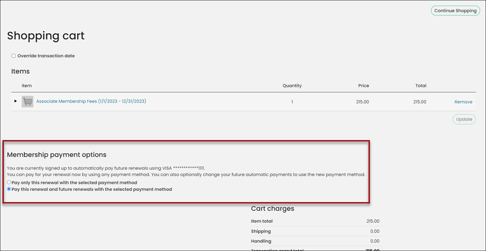 Selecting a membership payment option from the cart
